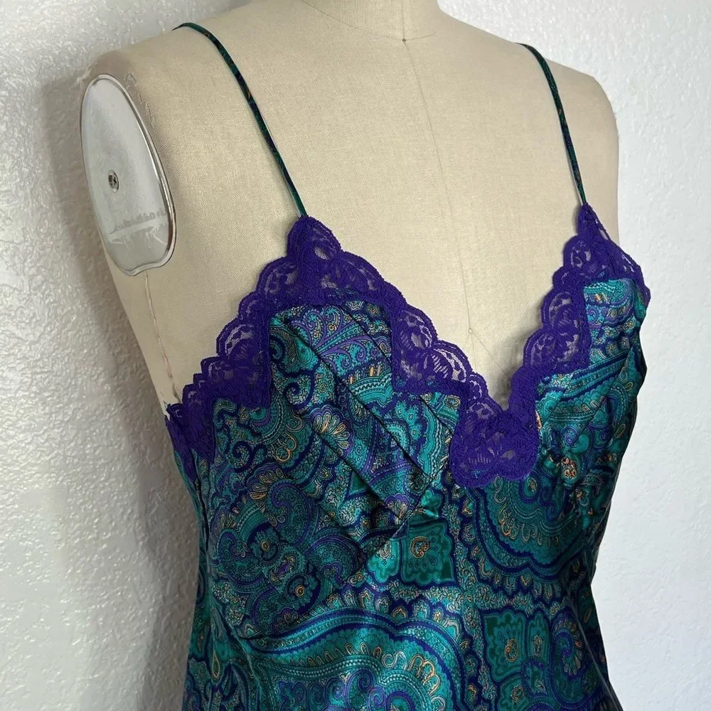 Vintage gold label VS Victorias Secret teal paisley lace Y2K mini slip dress S